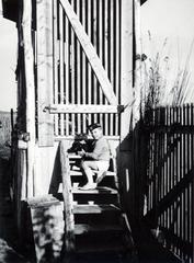 1940, Bor Dezső, Best of, kid, airing cupboard, boy, dog, sitting on stairs, barn for storing maize, Fortepan #231602