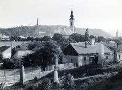 Magyarország, Miskolc, Tetemvár felsősor, kilátás a Deszkatemetőtől. Távolban balra az avasi Rákóczi kilátó. Előrébb a református templom, középen a Szentháromság görögkeleti ortodox templom és jobb szélen az evangélikus templom látható., 1939, Bor Dezső, templomtorony, háztető, temető, Fortepan #231775