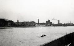 1940, Bor Dezső, paddling, river, smoke, factory chimney, Fortepan #231940