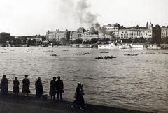 1928, Bor Dezső, látkép, csónak, evezés, folyó, füst, hajókémény, Fortepan #231967