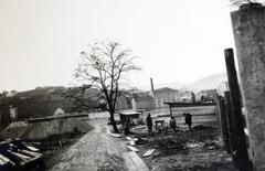 Hungary, Margit Islands, Budapest, a Hajós Alfréd Nemzeti Sportuszoda építési területe. A Duna túlpartján az Árpád fejedelem útja (Újlaki rakpart), bal szélen a Frankel Leó út (Zsigmond utca) 49. szám alatti ház, középtájon az Erzsébet gőzmalom a Zsigmond térnél, távolabb az Ürömi utcai Budai Cementgyár., 1933, Bor Dezső, Fortepan #232003