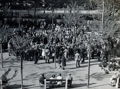 Magyarország, Budapest IX., Ferenc tér, kilátás a 4. számú házból, térzene a parkban., 1935, Bor Dezső, Budapest, Fortepan #232083