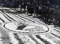 Hungary, Budaörs, Szabadság út (József főherceg utca). Úrnapi körmenet virágszőnyege., 1933, Bor Dezső, flower carpet, Fortepan #232139