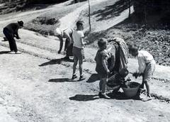 Hungary, Csömör, Deák Ferenc utca, balra a Kossuth Lajos utca kanyarodik felfelé. Úrnapi körmenetre készítik a virágszőnyeget., 1932, Bor Dezső, flower carpet, Fortepan #232207