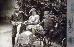 1909, Virány László, three people, kids, photographer, kids' tricycles, Fortepan #232525