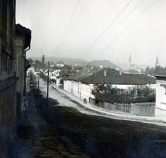 Romania,Transylvania, Dej, Strada Horea. Távolban a református és a ferences templom látható., 1940, Tordai György, Fortepan #232883