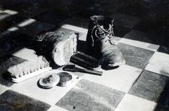 1940, Tordai György, still life, shoe, shoe polishing, boots, brush, Fortepan #233014