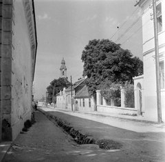 Magyarország, Sümeg, Ramassetter utca a Kossuth Lajos utca felől, az Urunk Mennybemenetele templom felé nézve., 1950, Építész, utcakép, vizesárok, Fortepan #23379