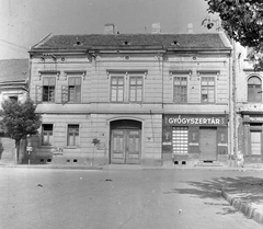 Magyarország, Székesfehérvár, Vörösmarty tér 4., 1954, Építész, cégtábla, utcakép, fa, gyógyszertár, Fortepan #23574