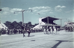 Hungary, Budapest VIII., Kerepesi úti Ügetőpálya, szemben a II. helyi tribün. A Nemzeti Lovarda rendezvénye a Szent István-hét alkalmából, lovasrendőrök díszelgése., 1941, Lukács Zsolt, colorful, horse, Budapest, Fortepan #23595