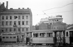 Magyarország, Budapest V., Kálvin tér, belvárosi oldal., 1956, Juricza Tibor, háborús kár, forradalom, villamos, Budapest, Fortepan #23632