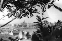 Hungary, Budapest I., a Várszínház mögötti Magyar asszonyok bástyájáról készült látkép a Kossuth híddal és a Parlamenttel., 1958, Pálfi Balázs, Kossuth-bridge, Imre Steindl-design, parliament, Neo-Gothic-style, Danube, eclectic architecture, Budapest, Fortepan #23742