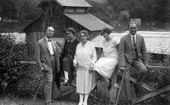 1922, Nagy Sándor, free time, railing, women, men, girl, shore, wooden cottage, walking cane, sitting on a handrail, Fortepan #23800