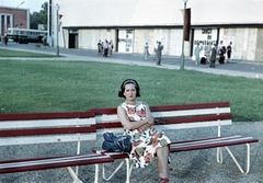 Magyarország, Városliget,Budapesti Nemzetközi Vásár, Budapest XIV., a háttérben egy Ikarus 630 "AUTÓPOSTA"., 1963, Hegedűs Judit, zászló, Ikarus-márka, pad, Ikarus 620/630, Budapest, Fortepan #23929