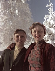 1947, Hegedűs Judit, winter, snow, colorful, women, double portrait, arms around shoulders, Fortepan #23941