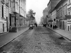 Magyarország, Szeged, Vidra utca., 1937, Fődi Gábor, cégtábla, macska, lovaskocsi, utcakép, életkép, kézműipar, fodrászat, automobil, szűcs, fogászat, kerékpárszerelő, Fortepan #24030