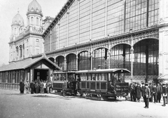 Magyarország, Budapest VI., Teréz körút, a Nagykörúti próbavillamos-végállomása a Nyugati pályaudvar előtt. A felvétel 1887-ben készült., 1900, Somlai Tibor, villamos, pályaudvar, Budapest, Gustave Eiffel-terv, Fortepan #24111