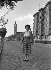 Magyarország, Budapest XIII., Újpesti rakpart, háttérben a Gogol utca torkolatánál a Pozsonyi úti református templom., 1959, Szánthó Zoltán, Budapest, neoklasszicizmus, Tóth Imre-terv, Halászi Jenő-terv, Fortepan #24365