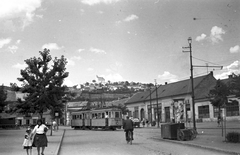 Magyarország, Pécs, Búza tér, szemben a Havihegyi kápolna., 1959, Szánthó Zoltán, kerékpár, plakát, utcakép, életkép, villamos, hirdetőoszlop, lámpaoszlop, kézikocsi, Fortepan #24388