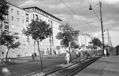 Magyarország, Budapest X.,Budapest IX., Üllői út a Pöttyös utcánál., 1959, Szánthó Zoltán, villamos, buszmegálló, villamosmegálló, Budapest, Fortepan #24424