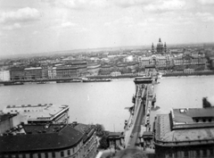 Magyarország, Budapest I., kilátás a budai Várból a Clark Ádám tér, a Széchenyi Lánchíd és a Bazilika felé., 1935, Somlai Tibor, híd, látkép, Duna, Budapest, függőhíd, William Tierney Clark-terv, Fortepan #24470