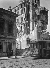 Serbia, Belgrade, ulica Uzun Mirkova, Srpski kralj (Szerb Király) szálló romjai., 1941, Martin Djemil, tram, Cyrillic alphabet, public transport line number, Fortepan #24640