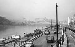 Hungary, Budapest V., Belgrád rakpart, látkép a Szabadság hídtól a budai Vár felé nézve., 1966, Tóth Károly dr, bridge, Soviet brand, commercial vehicle, street view, cityscape, ZIL-brand, boat, lamp post, port, automobile, Danube, Budapest, suspension bridge, Duna-bridge, Pál Sávoly-design, Fortepan #24896