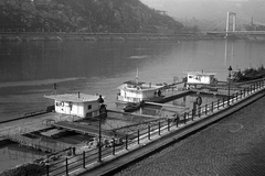 Magyarország, Budapest V., Belgrád rakpart, látkép a Szabadság hídtól az Erzsébet híd budai hídfője felé nézve., 1966, Tóth Károly dr, híd, csónak, lámpaoszlop, kikötő, Duna, Budapest, függőhíd, Duna-híd, Sávoly Pál-terv, Fortepan #24897