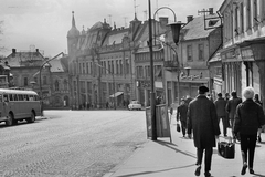 Hungary, Veszprém, Kossuth utca., 1969, Tóth Károly dr, bus, Trabant-brand, billboard, lamp post, cobblestones, automobile, trash can, shoe store, Fortepan #24964