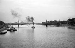 Hungary, Budapest, gőzhajó a Dunán és a Szabadság híd az Erzsébet híd felől fényképezve,, 1969, Tóth Károly dr, ship, smoke, steamboat, Danube, hydrofoil, Dunaföldvár/Bácska/Venus ship, Vác ship, Duna-bridge, János Feketeházy-design, Fortepan #24985