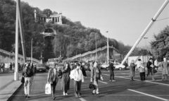 Magyarország, Budapest I., az Erzsébet híd budai hídfője, szemben a Szent Gellért szobor és lépcső. A felvétel a taxisblokád idején, 1990. október 26-án készült., 1990, Vimola Károly, taxi, Budapest, rendszerváltás, Fortepan #250458