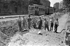 Magyarország, Budapest XIII.,Budapest VI., villamosvágány fektetés a Lehel utca 1. számú ház előtt., 1957, FŐMTERV, Domonkos Endre, villamos, Budapest, viszonylattábla, viszonylatszám, kubikos, lapát, Fortepan #251086