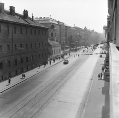 Magyarország, Budapest VII.,Budapest VIII., rálátás a Rákóczi útra, szemben a Rókus kórház és mellette Szent Rókus-kápolna., 1959, FŐMTERV, Domonkos Endre, Budapest, utcakép, madártávlat, Fortepan #251149