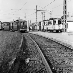 Magyarország, Budapest IX., Gubacsi út - Határ út közötti terület, a Pesterzsébet - Csepel között közlekedő BHÉV végállomás hurokvágánya. Jobbra a 31-es villamos látható a megállóban., 1959, FŐMTERV, Domonkos Endre, Budapest, villamos, Fortepan #251176