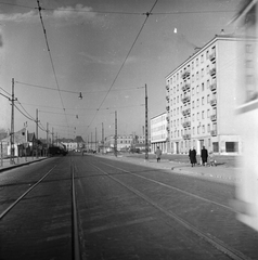 Magyarország, Budapest III., Pacsirtamező (Korvin Ottó) utca a mai Szőlő köz közelében. Távolban a Vörösvári út - Flórián tér sarkán álló ház látható., 1959, FŐMTERV, Domonkos Endre, Budapest, utcakép, sínpálya, villanyoszlop, Fortepan #251192