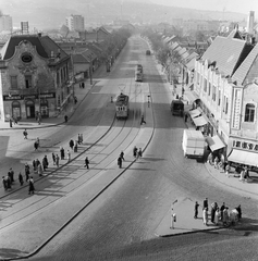 Magyarország, Óbuda, Budapest III., Flórián tér, szemben a Vörösvári út., 1959, FŐMTERV, Domonkos Endre, Budapest, villamos, utcakép, madártávlat, járdasziget, Fortepan #251195