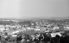 Magyarország, Miskolc, kilátás az Avasról. előtérben az avasi református templom és harangtorony., 1964, Szánthó Zoltán, városkép, kilátás, Fortepan #25121