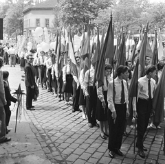 Hungary, Budapest VII., István (Landler Jenő) utca, május 1-i felvonulás résztvevői, háttérben a Bethlen Gábor tér 4. számú épület., 1961, FŐMTERV, Budapest, Fortepan #251470