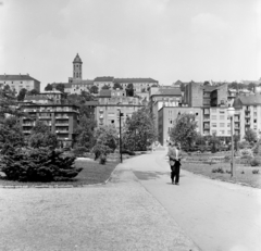 Magyarország, Budapest I., Vérmező, háttérben az Attila út házsora, fenn a Mária Magdolna-templom tornya., 1962, FŐMTERV, Domonkos Endre, Budapest, Fortepan #251669