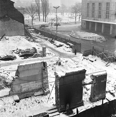 Magyarország, Budapest VIII., a Luther utca és a II. János Pál pápa (Köztársaság) tér közötti házak bontása. Jobbra az Erkel Színház., 1963, FŐMTERV, Domonkos Endre, Budapest, Fortepan #251743