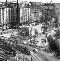 Magyarország, Budapest VIII.,Budapest V.,Budapest VII., Astoria kereszteződés, metróépítés. Balra az MTA lakóház, az alsó sarokban az aluljáró építésénél felhasznált Zagyva híd., 1963, FŐMTERV, Domonkos Endre, metróépítés, Best of, Budapest, Fortepan #251781