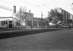 Magyarország, Budapest XIII., Váci út, szemben a II. számú Autójavító Vállalat a Révész utca sarkán., 1963, FŐMTERV, Domonkos Endre, Budapest, sínpálya, Fortepan #251864