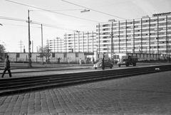 Magyarország, Budapest XIII., Váci út a Róbert Károly körúti kereszteződés közelében, szemben a Váci út és az Esztergomi út közötti lakótelep., 1963, FŐMTERV, Domonkos Endre, Budapest, sínpálya, Fortepan #251873