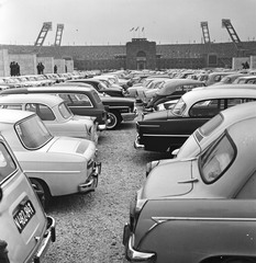 Magyarország, Budapest XIV., a Magyarország - Ausztria (2:1) mérkőzés alkalmával, 1963. október 27-én, a Népstadion melletti szoborkertben kialakított parkoló., 1963, FŐMTERV, Domonkos Endre, Moszkvics 407, Budapest, parkoló, Fortepan #251923