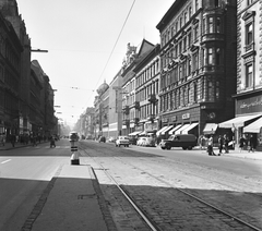 Magyarország, Budapest VII.,Budapest VIII., Rákóczi út a Nagykörút felé nézve, jobbra a Hársfa utca torkolata., 1963, FŐMTERV, Domonkos Endre, Budapest, Fortepan #251955