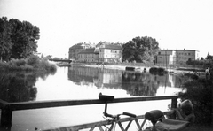 Magyarország, Győr, Radó-sziget, szemben a Rába folyó feletti Kettős híd, jobbra a Rát Mátyás tér melletti háztömbök láthatók., 1961, Fortepan, látkép, Fortepan #25196