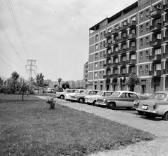 Magyarország, Budapest XIII., Fiastyúk (Thälmann) utcai lakótelep, parkoló a Tahi utca 70/a-76. számú háztömb és a Rákos-patak közötti területen., 1966, FŐMTERV, Domonkos Endre, Wartburg 311/312, Trabant 601, Budapest, Fortepan #252122