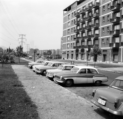 Magyarország, Budapest XIII., Fiastyúk (Thälmann) utcai lakótelep, parkoló a Tahi utca 70/a-76. számú háztömb és a Rákos-patak közötti területen., 1966, FŐMTERV, Domonkos Endre, Wartburg 311/312, Trabant 601, rendszám, Budapest, Fortepan #252123