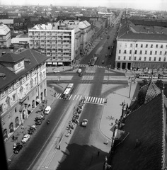 Magyarország, Budapest VIII.,Budapest IX., kilátás az Iparművészeti Múzeum kupolájából az Üllői út - Nagykörút kereszteződése felé., 1966, FŐMTERV, Domonkos Endre, Budapest, Fortepan #252156