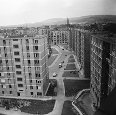 Magyarország, Budapest XI., kilátás az Október huszonharmadika (Schönherz Zoltán) utca - Szerémi sor közötti háztömbből a Baranyai térnél álló épületekre., 1966, FŐMTERV, Domonkos Endre, Budapest, Fortepan #252160